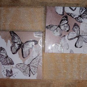 Wall Art Set of 2 CANVASES, BUTTERFLIES (BLACK/WHITE/CAPPUCCINO/SILVER)